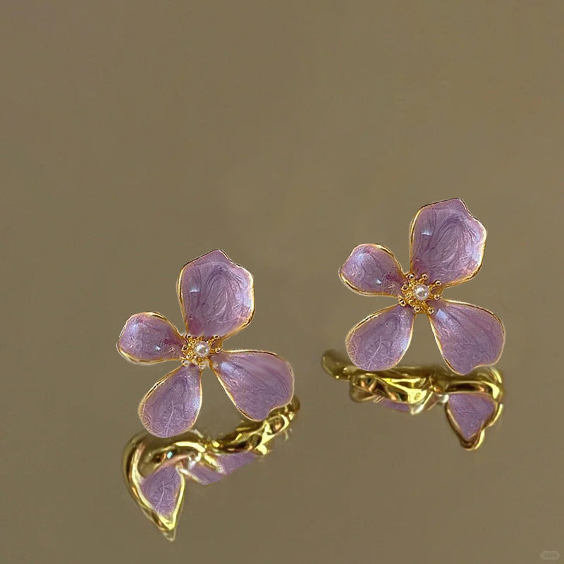 Oil Drop Purple Four-Leaf Flower Earrings