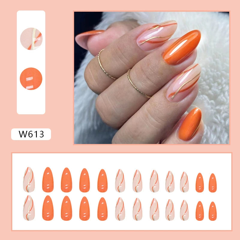 Orange Crystal Frozen Almond Nails  - 24Pcs