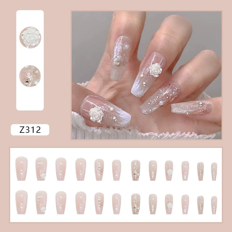 Pearl Camellia Fake Nails - 24Pcs