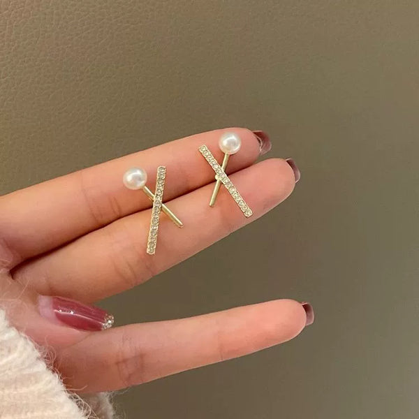 Pearl & Crystal Cross Stud Earrings