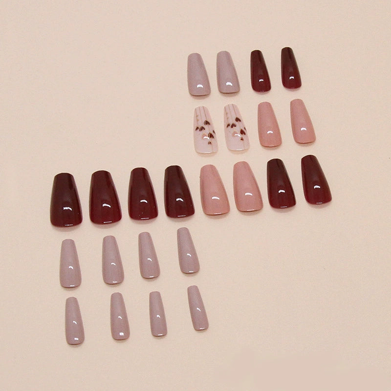 Pure Color Heart Fake Nails - 24Pcs