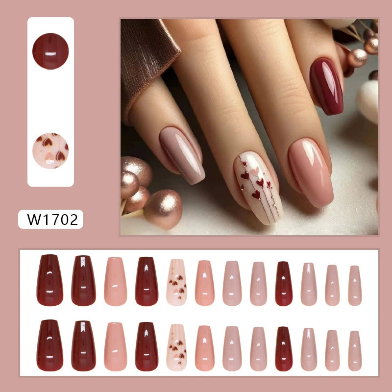 Pure Color Heart Fake Nails - 24Pcs