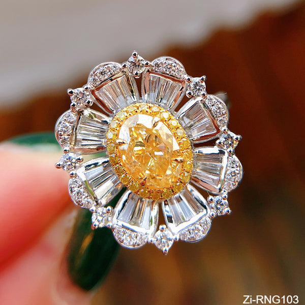 Silver Color Big Flower Design Ring Gorgeous Yellow CZ