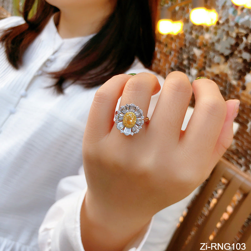 Silver Color Big Flower Design Ring Gorgeous Yellow CZ - Zi Collection Hub