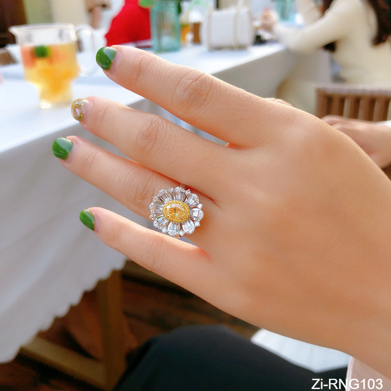 Silver Color Big Flower Design Ring Gorgeous Yellow CZ - Zi Collection Hub