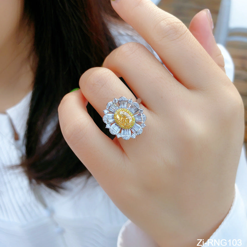 Silver Color Big Flower Design Ring Gorgeous Yellow CZ - Zi Collection Hub