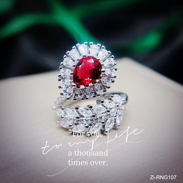 Luxury Royal Red Crystal Imitated Ruby Gemstones Diamonds Feathers Ring - Zi Collection Hub