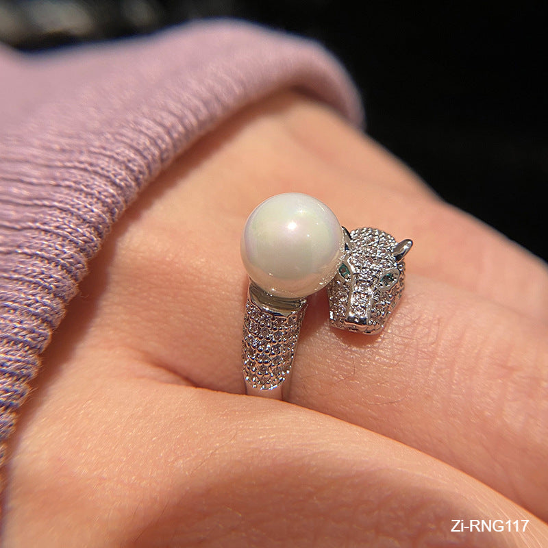 New natural freshwater pearl shell pearl leopard head open ring - Zi Collection Hub
