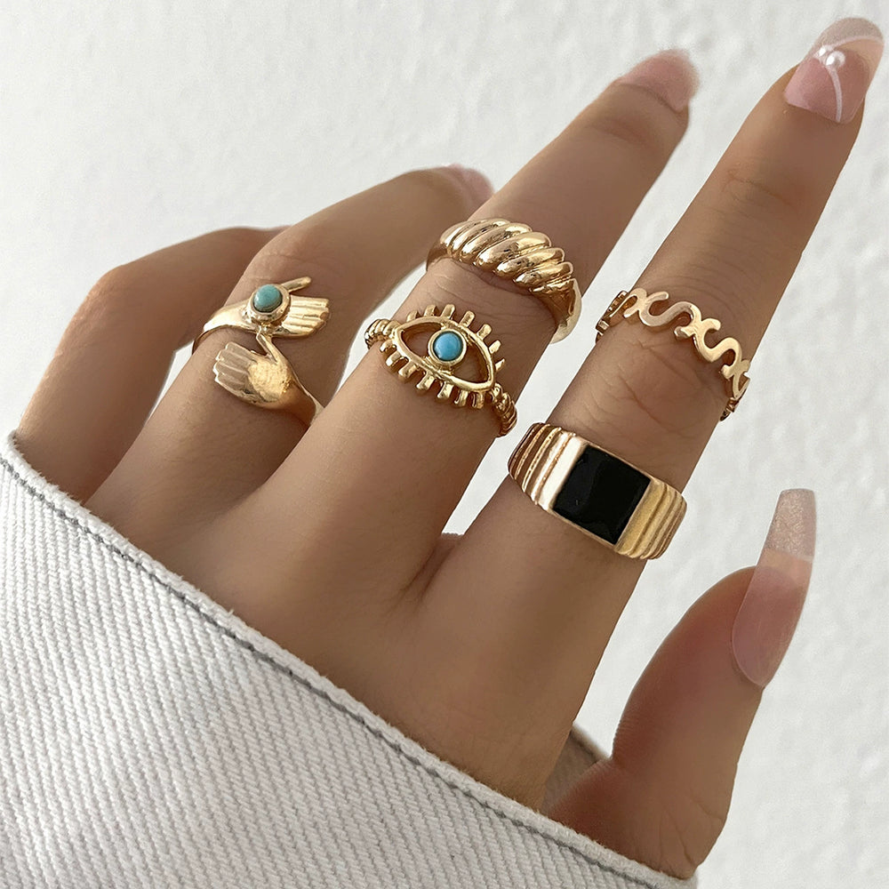 Turquoise Eye Hug Rings 5-Pcs Set