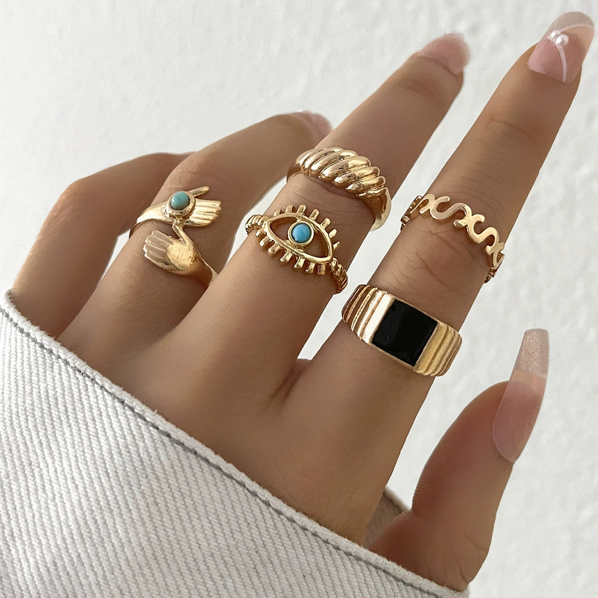 Turquoise Eye Hug Rings 5-Pcs Set