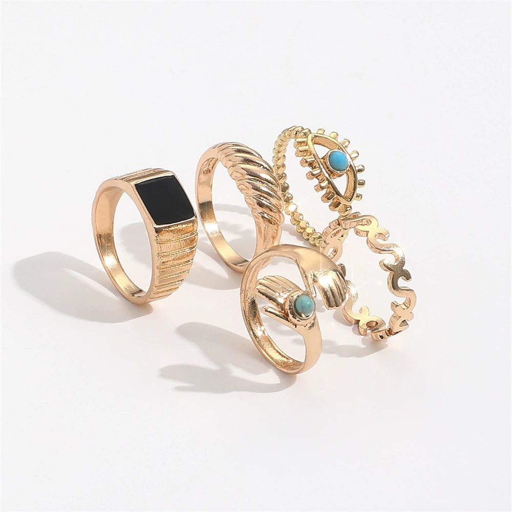 Turquoise Eye Hug Rings 5-Pcs Set