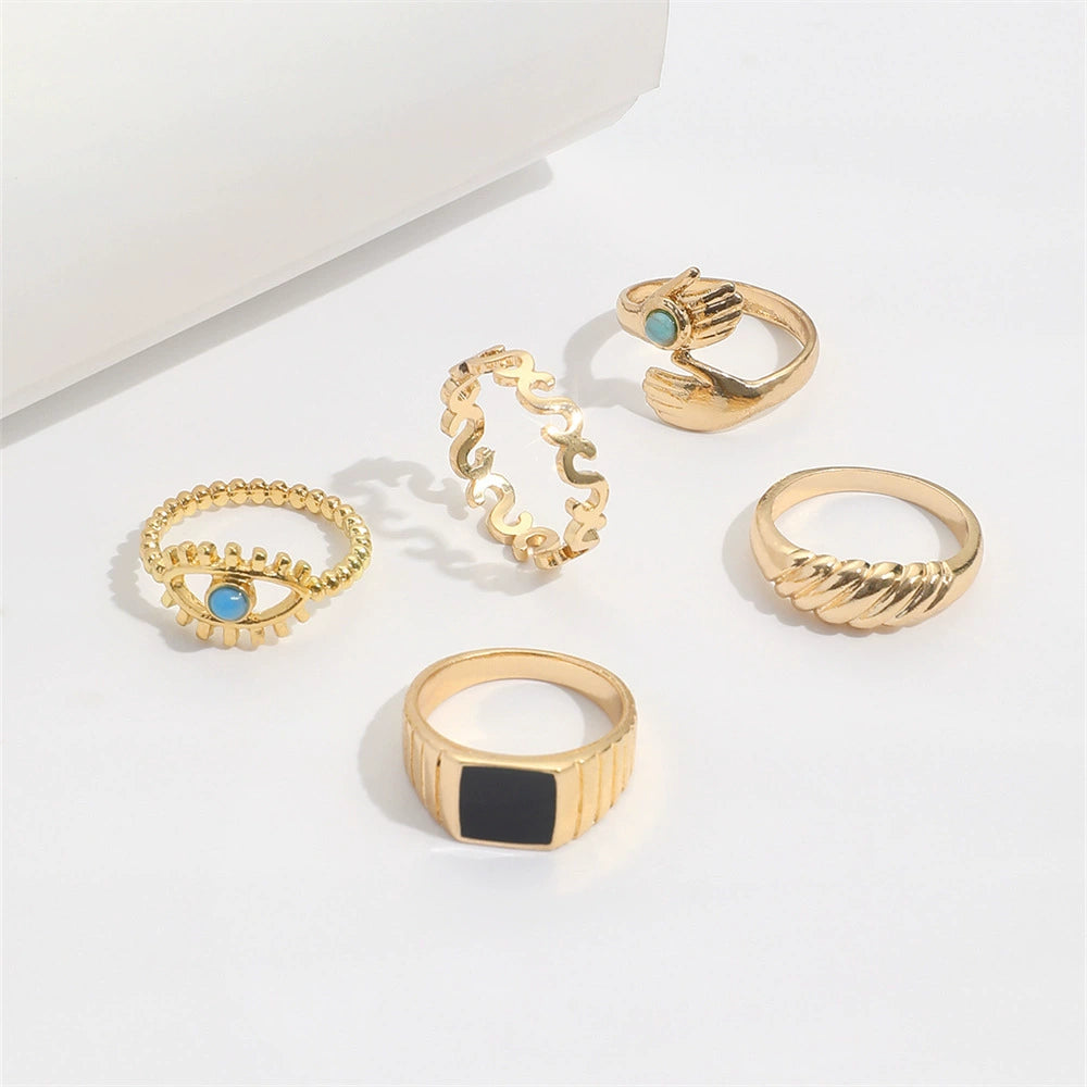Turquoise Eye Hug Rings 5-Pcs Set