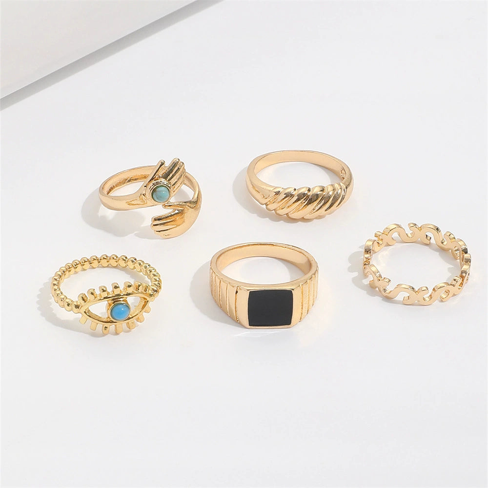 Turquoise Eye Hug Rings 5-Pcs Set