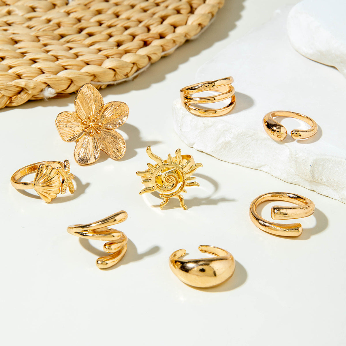 RNG213 -  8Pcs/Set Vintage Metal Flower Shell Sun Rings Set