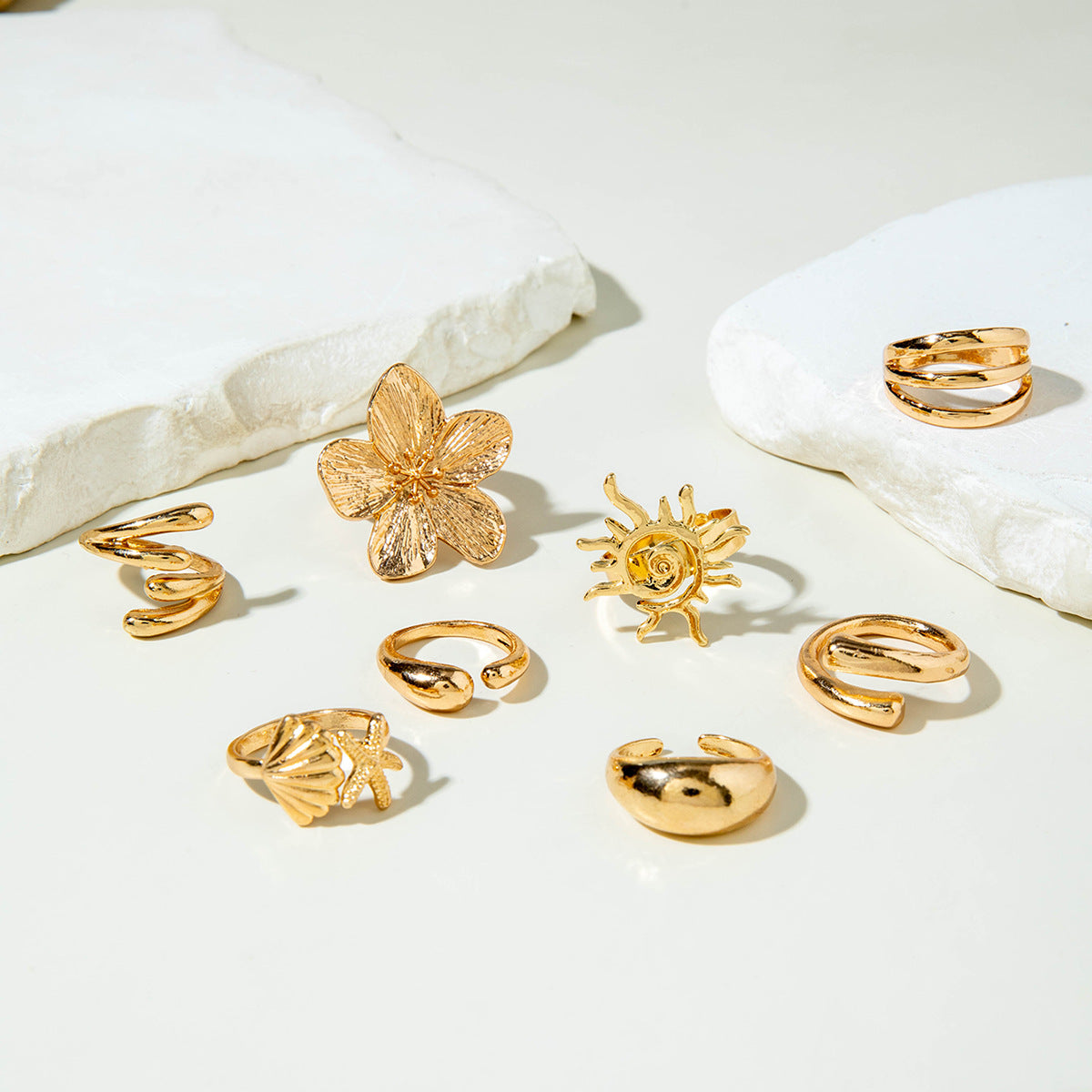 RNG213 -  8Pcs/Set Vintage Metal Flower Shell Sun Rings Set