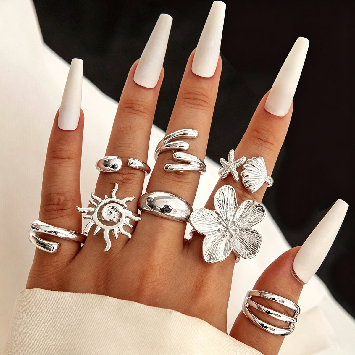 RNG213 -  8Pcs/Set Vintage Metal Flower Shell Sun Rings Set
