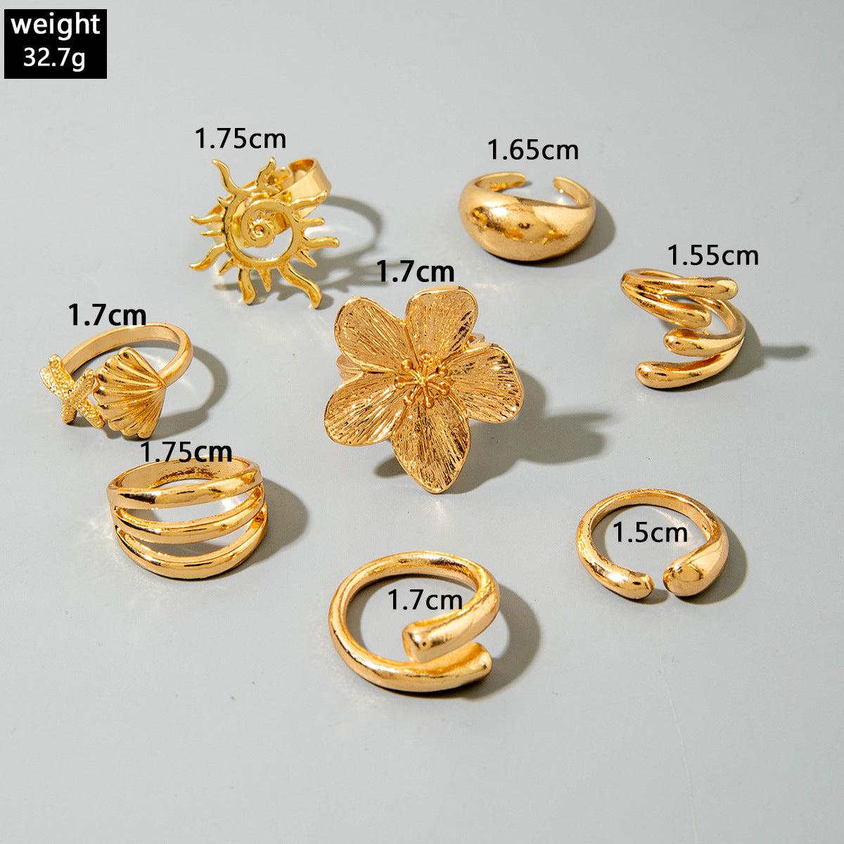 RNG213 -  8Pcs/Set Vintage Metal Flower Shell Sun Rings Set