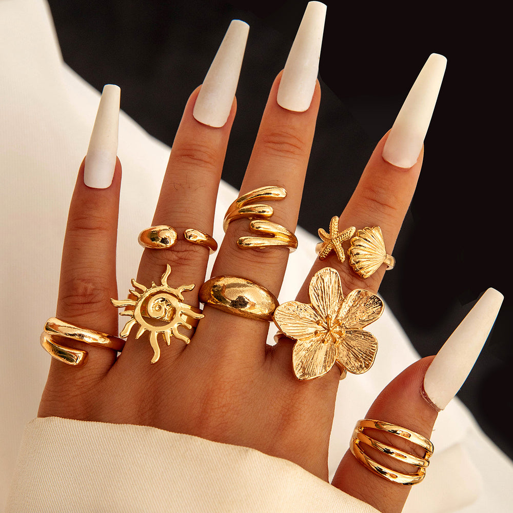 RNG213 -  8Pcs/Set Vintage Metal Flower Shell Sun Rings Set