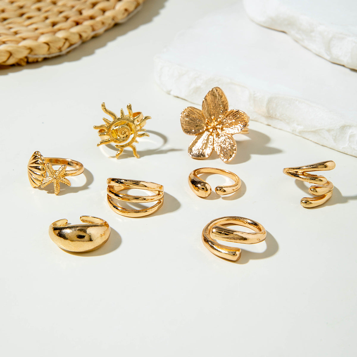 RNG213 -  8Pcs/Set Vintage Metal Flower Shell Sun Rings Set