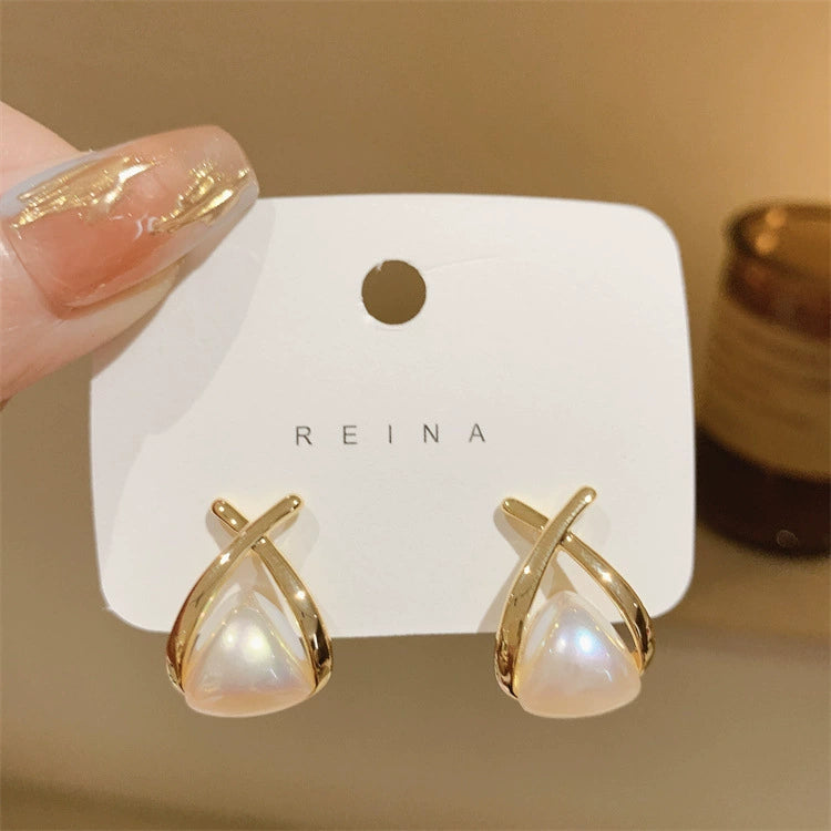Reina Pearl & Gold Crossover Stud Earrings