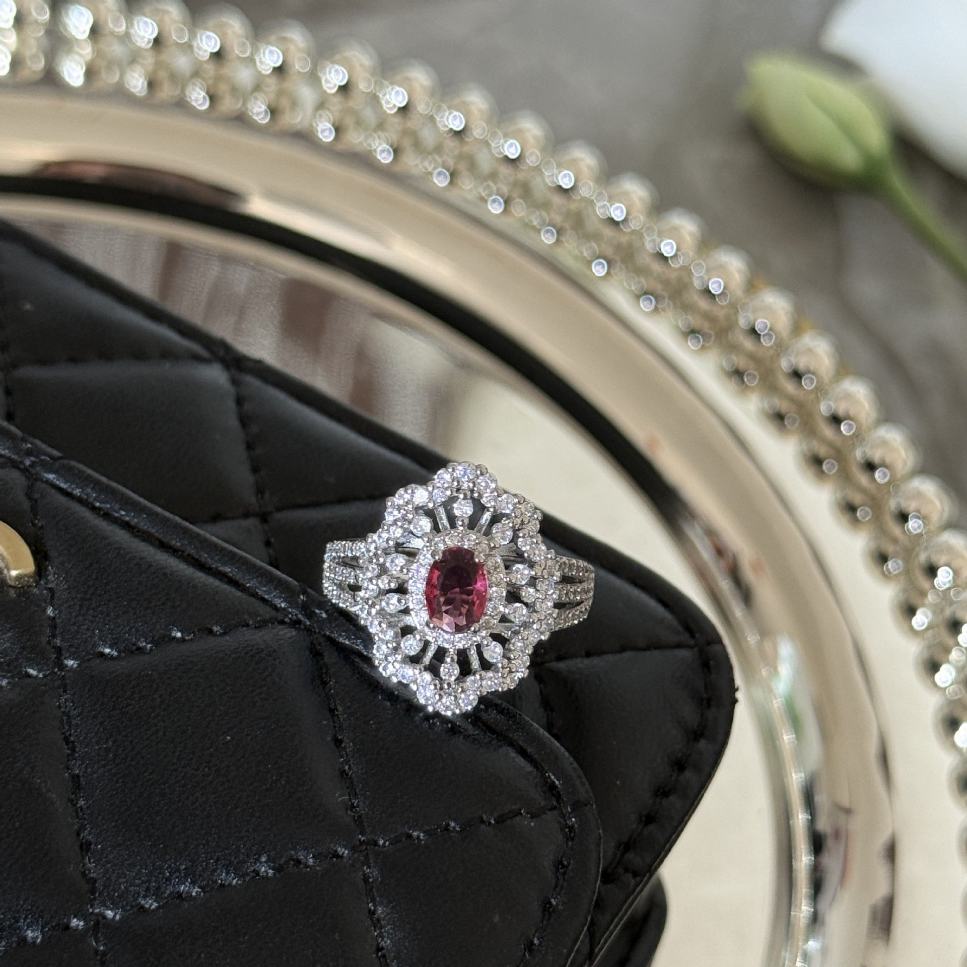 Ruby Flower-Shaped Open Ring - Adjustable