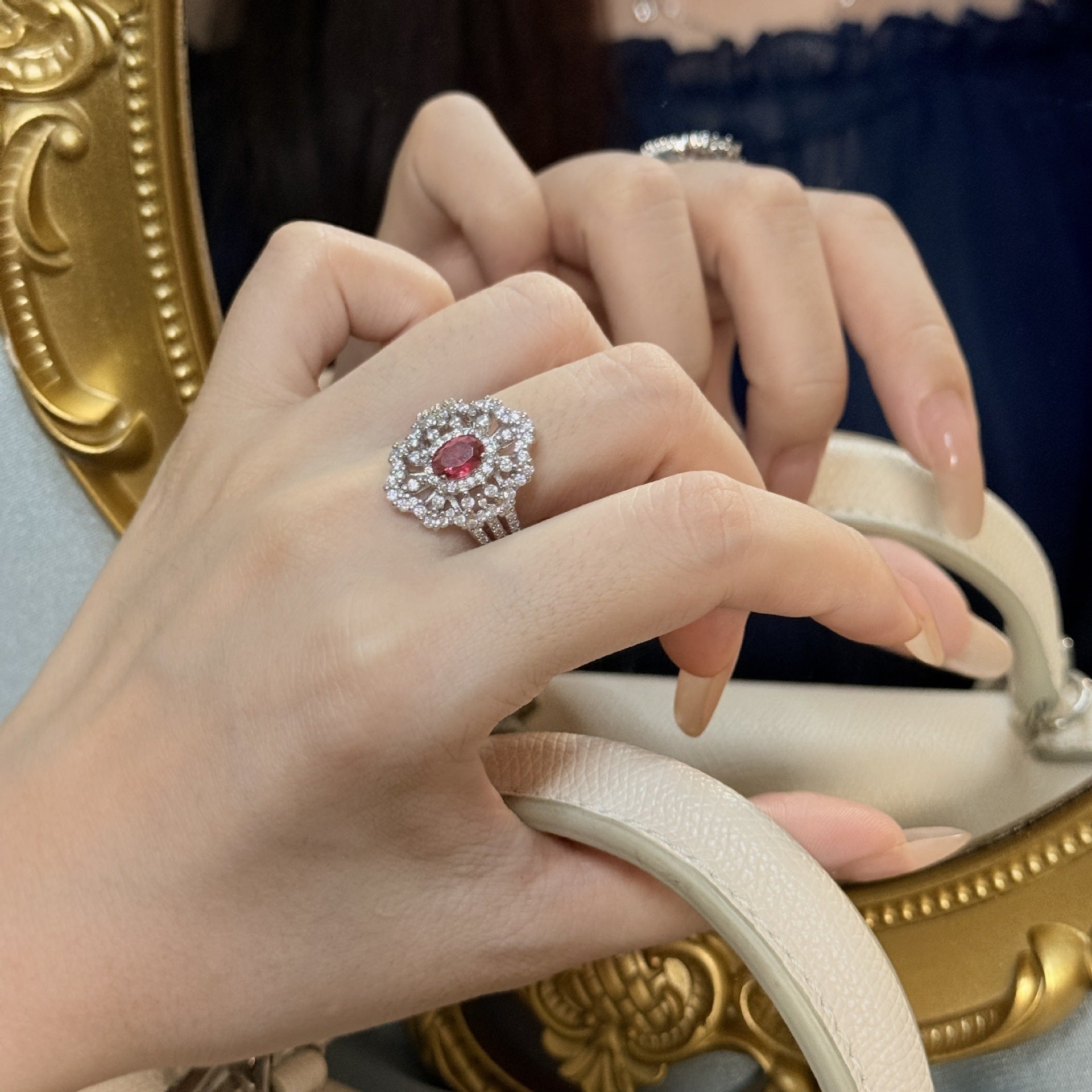 Ruby Flower-Shaped Open Ring - Adjustable