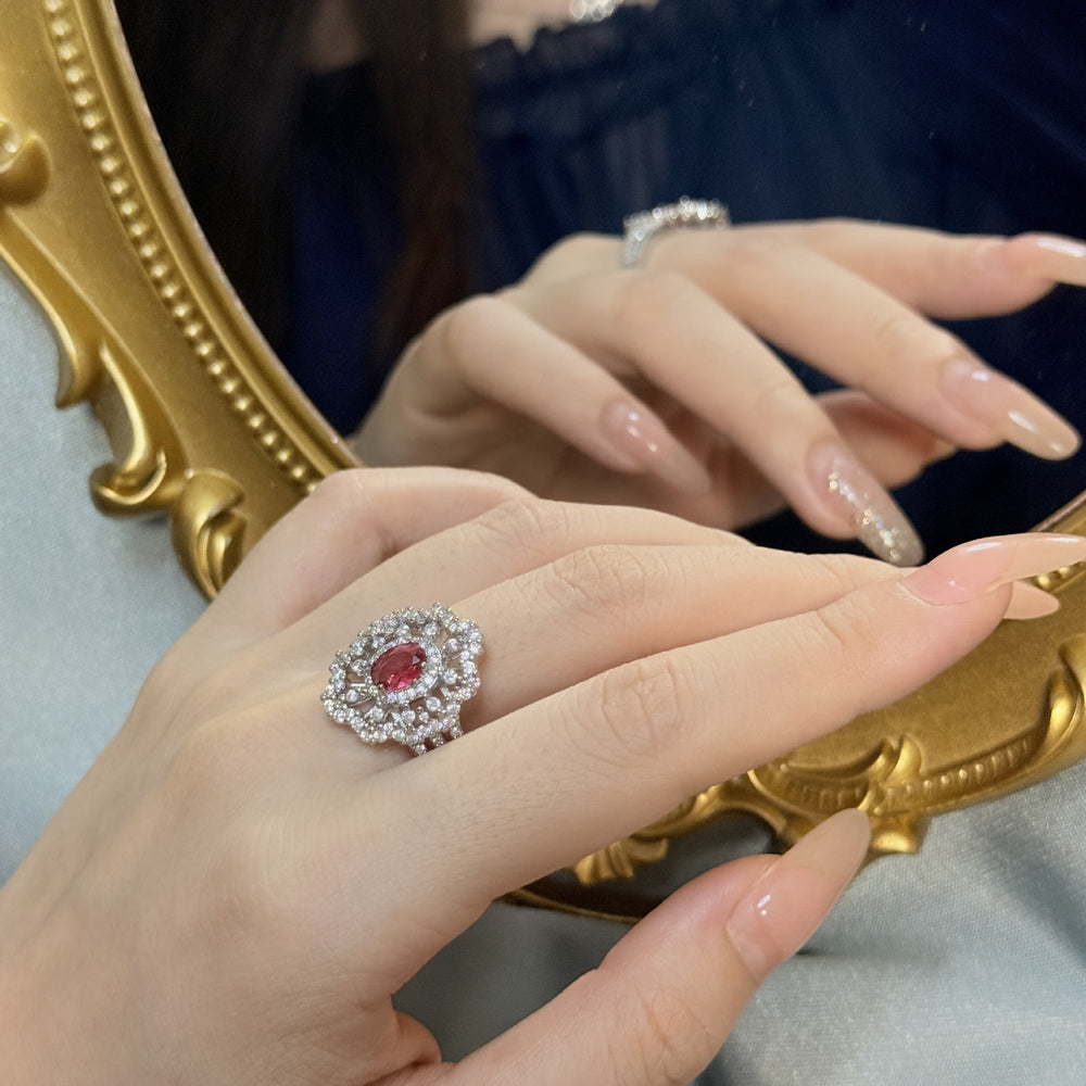 Ruby Flower-Shaped Open Ring - Adjustable