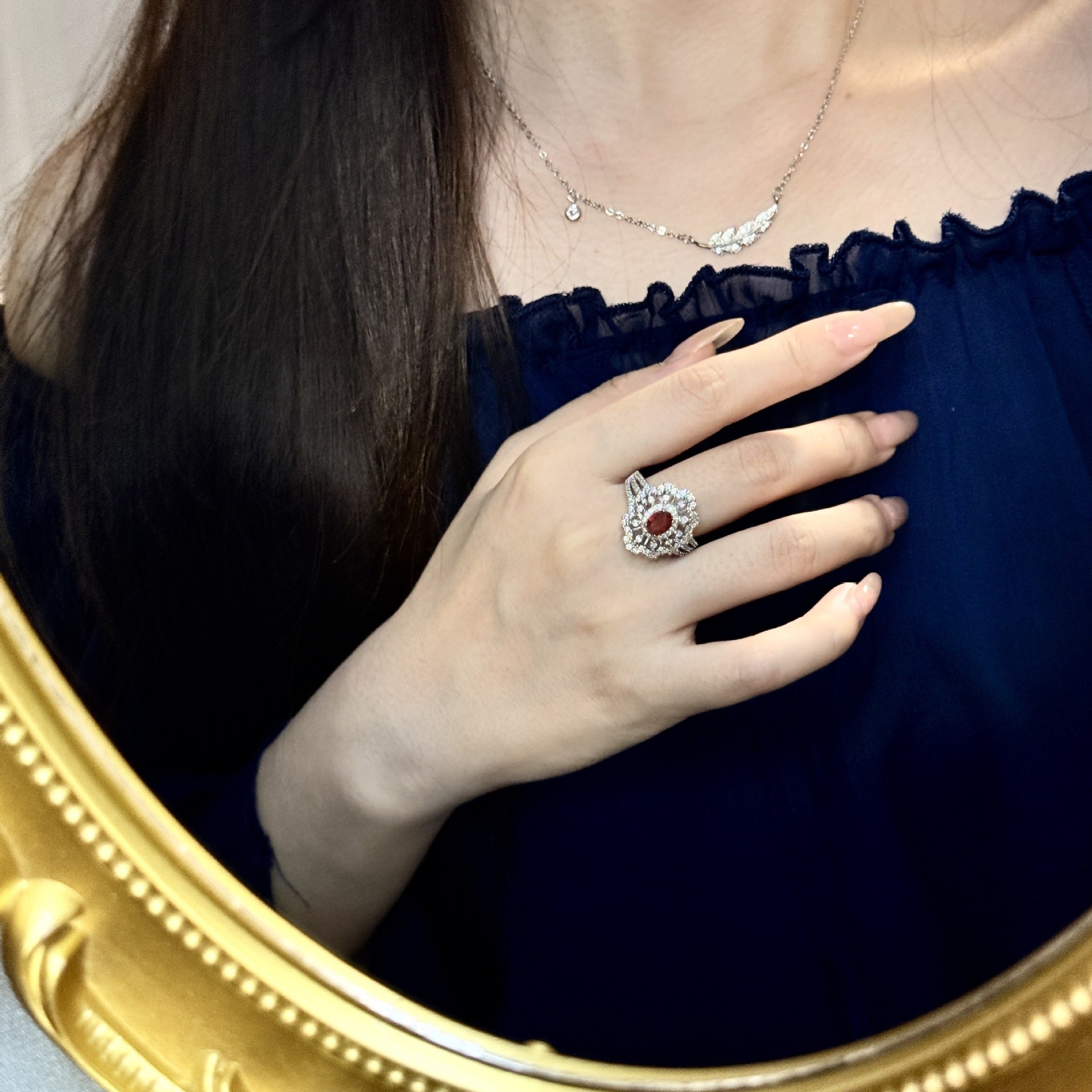 Ruby Flower-Shaped Open Ring - Adjustable