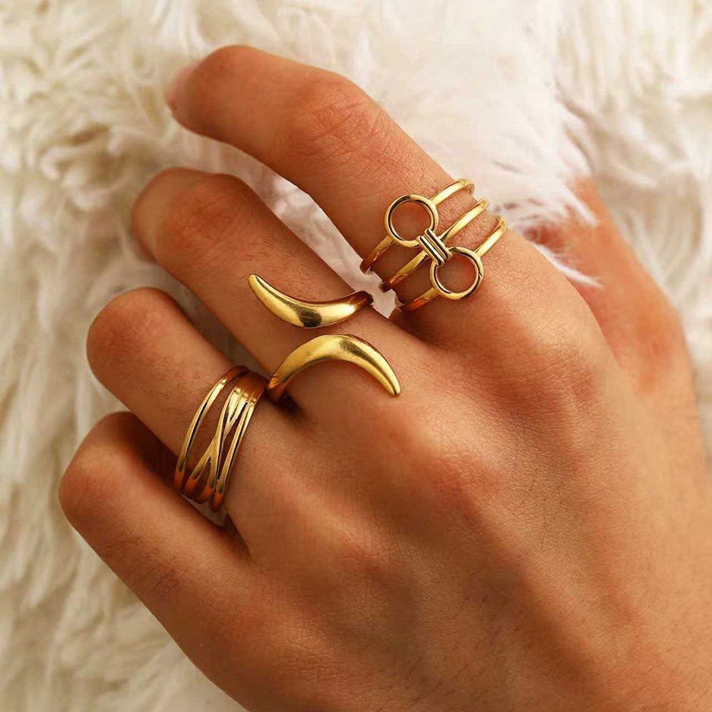 SRNG-64 - Stainless Steel 18K Gold Plated Geometric irregular Open Ring Set