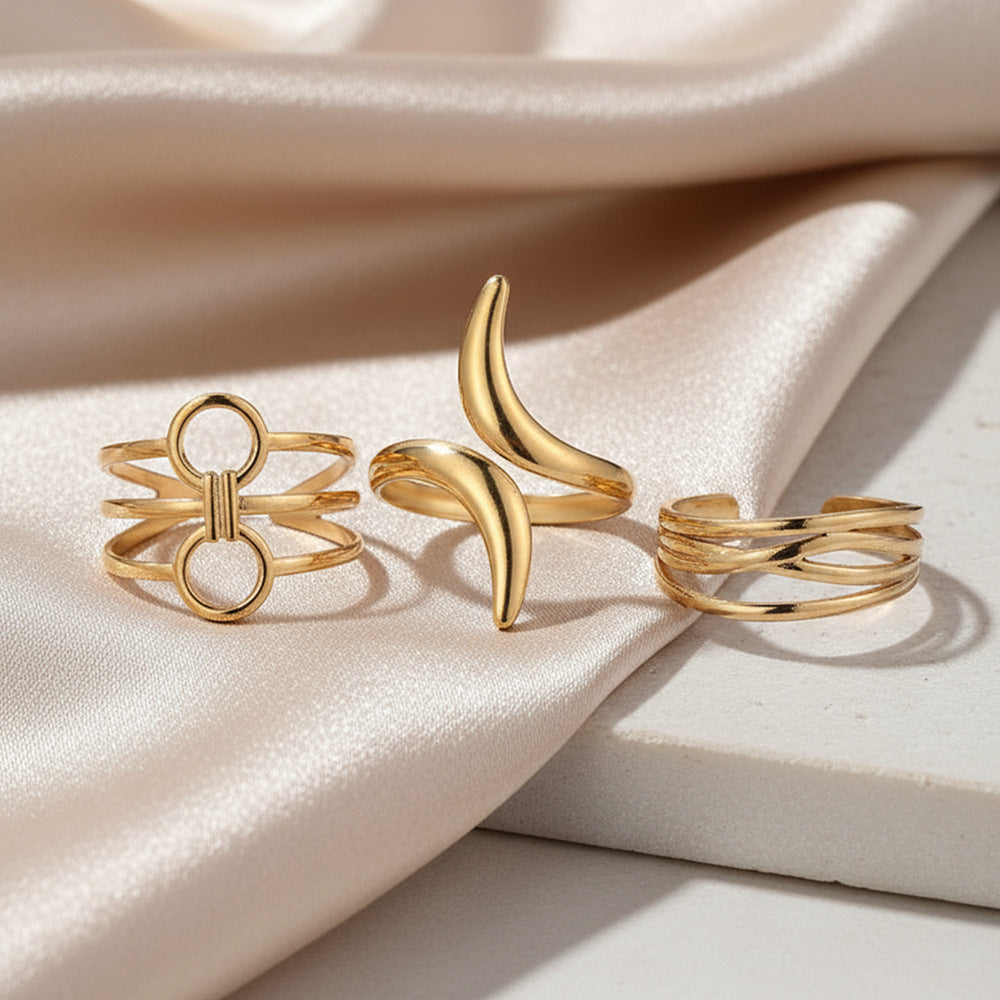 SRNG-64 - Stainless Steel 18K Gold Plated Geometric irregular Open Ring Set