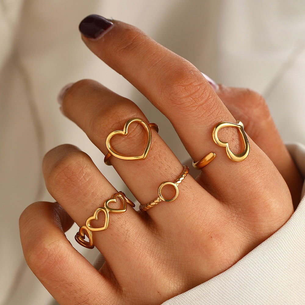 SRNG-65 - Stainless Steel 18K Gold Plated Heart Shape Open Ring Set