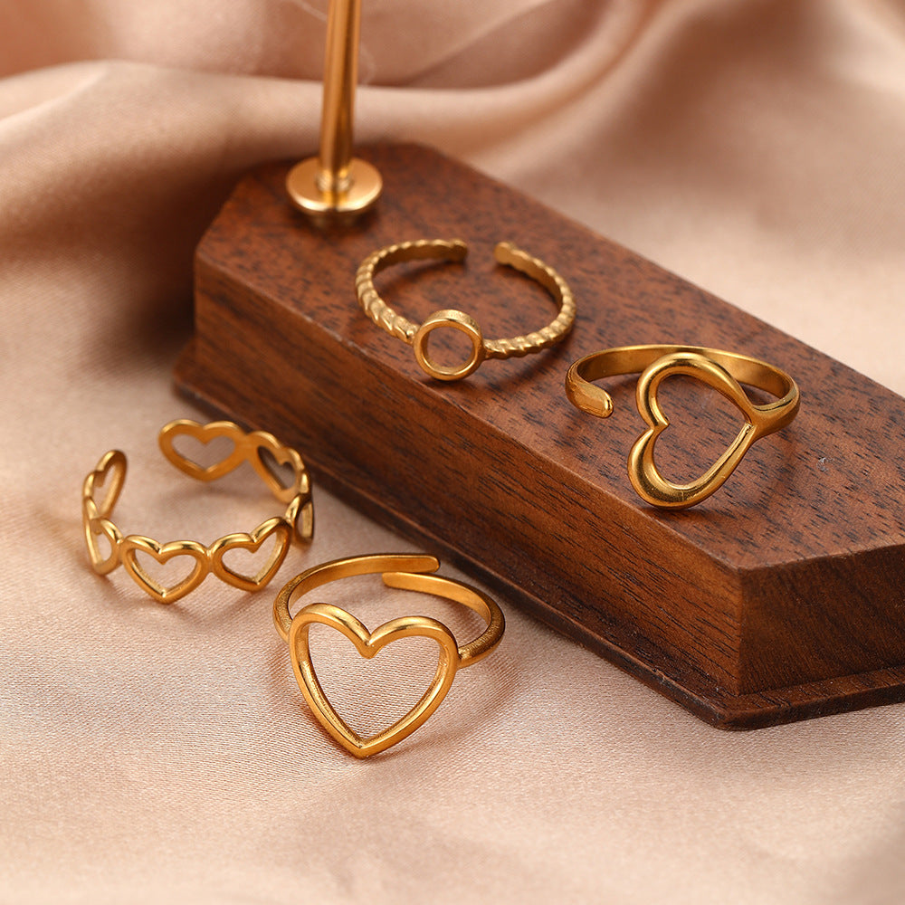 SRNG-65 - Stainless Steel 18K Gold Plated Heart Shape Open Ring Set