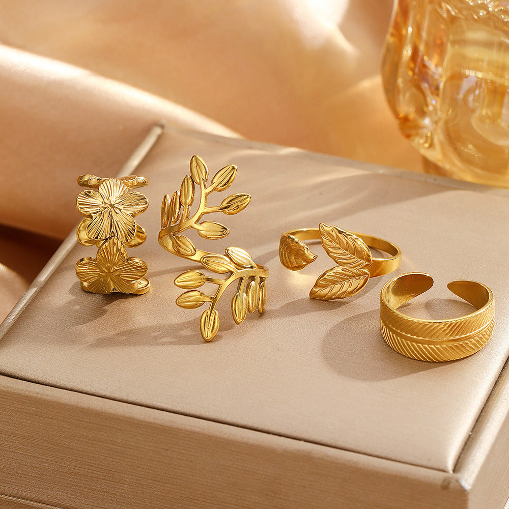 SRNG-71 - Stainless Steel Leaf and Flower Open Ring Set