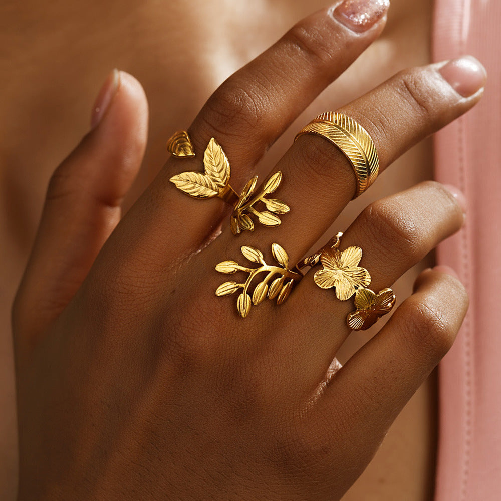 SRNG-71 - Stainless Steel Leaf and Flower Open Ring Set