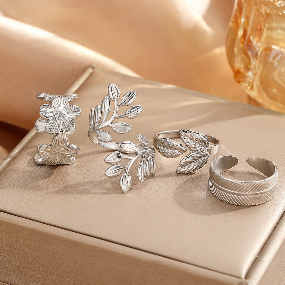 SRNG-71 - Stainless Steel Leaf and Flower Open Ring Set