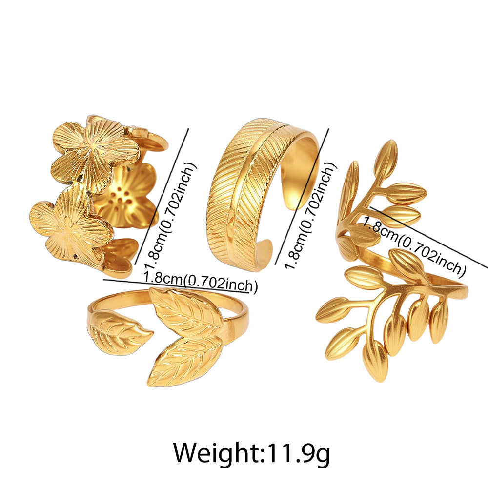 SRNG-71 - Stainless Steel Leaf and Flower Open Ring Set