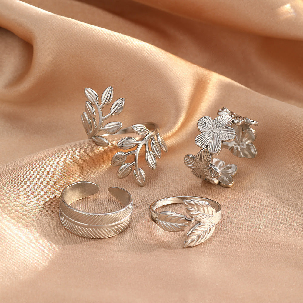 SRNG-71 - Stainless Steel Leaf and Flower Open Ring Set