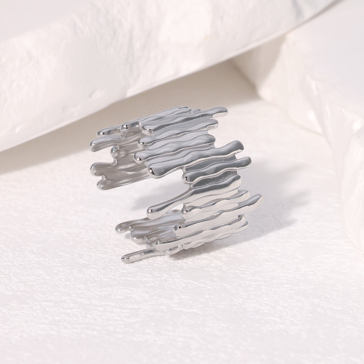 SRNG-74 - Irregular Bark Textured Stainless Steel Open Ring