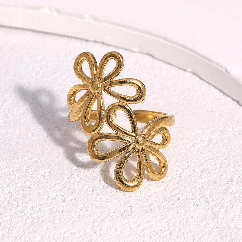 SRNG-76 - Stainless Steel Open Ring with a Floral Design
