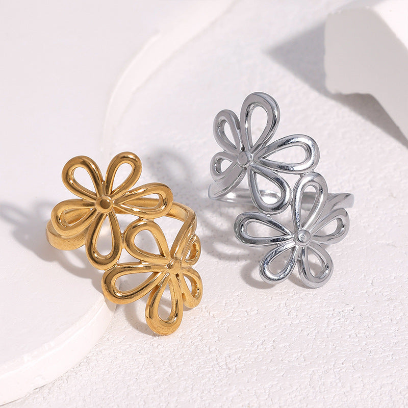 SRNG-76 - Stainless Steel Open Ring with a Floral Design