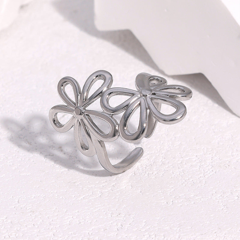 SRNG-76 - Stainless Steel Open Ring with a Floral Design