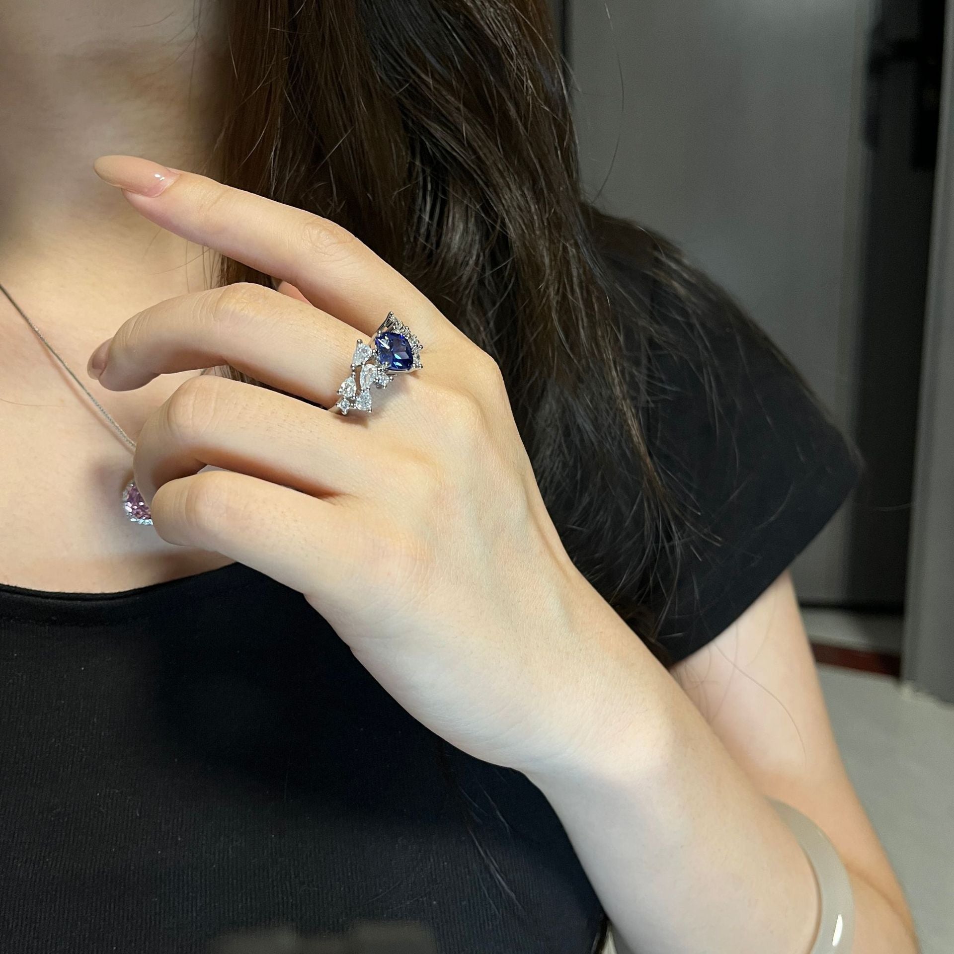 Sapphire Blue Zircon Open Ring - Adjustable