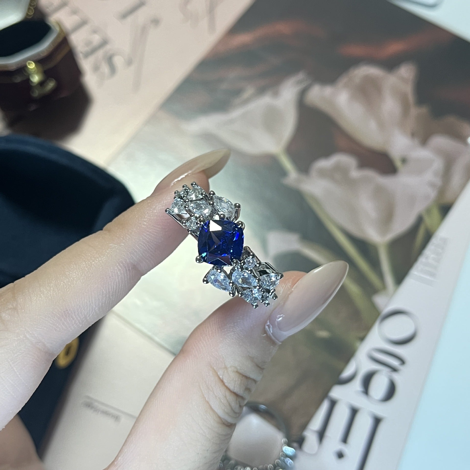 Sapphire Blue Zircon Open Ring - Adjustable