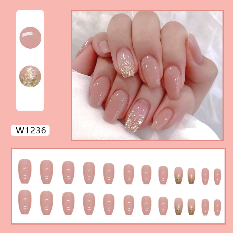 Simple Gold Powder Fake Nails - 24Pcs