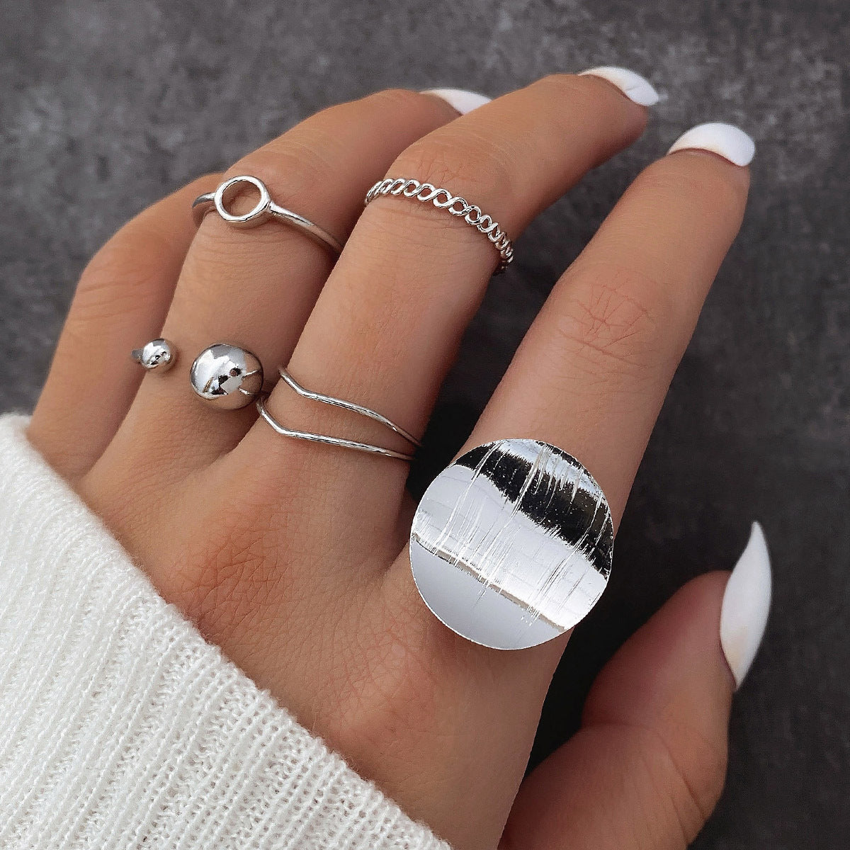 Trendy Geometric Round Adjustable Ring 5-piece set