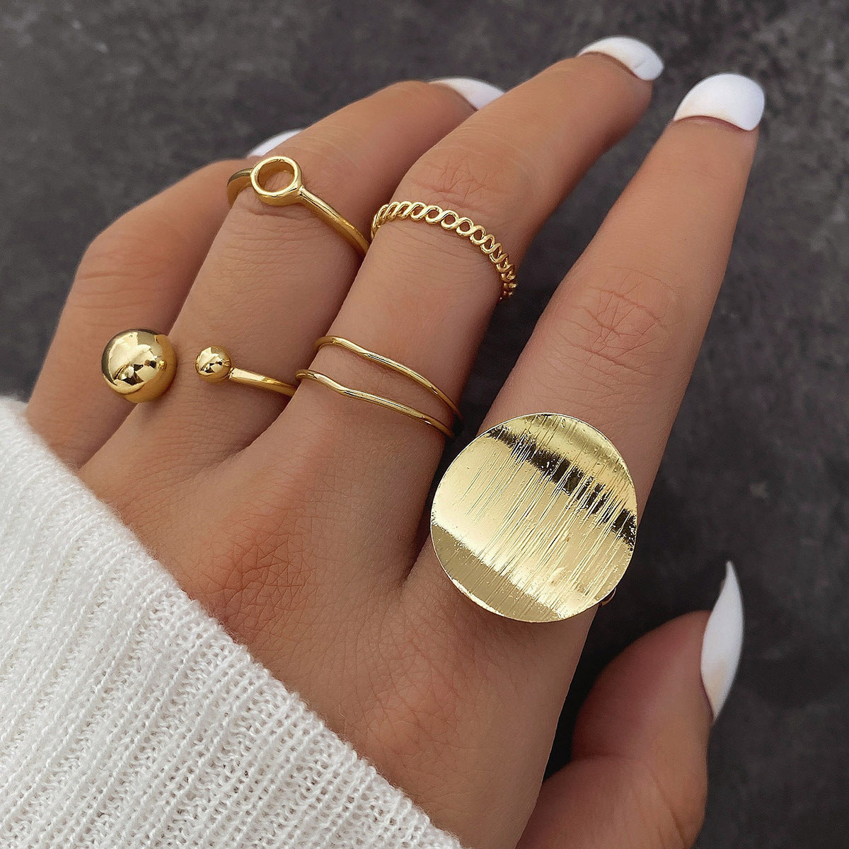 Trendy Geometric Round Adjustable Ring 5-piece set