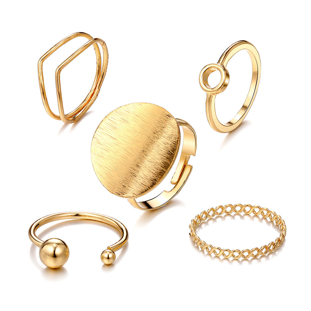 Trendy Geometric Round Adjustable Ring 5-piece set