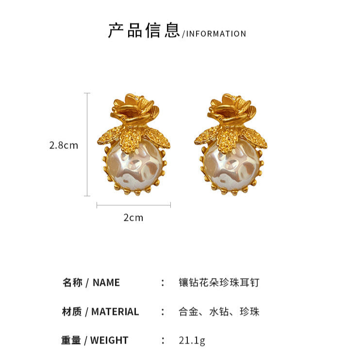 Vintage Gold Rose & Pearl Drop Earrings