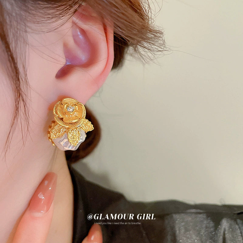 Vintage Gold Rose & Pearl Drop Earrings