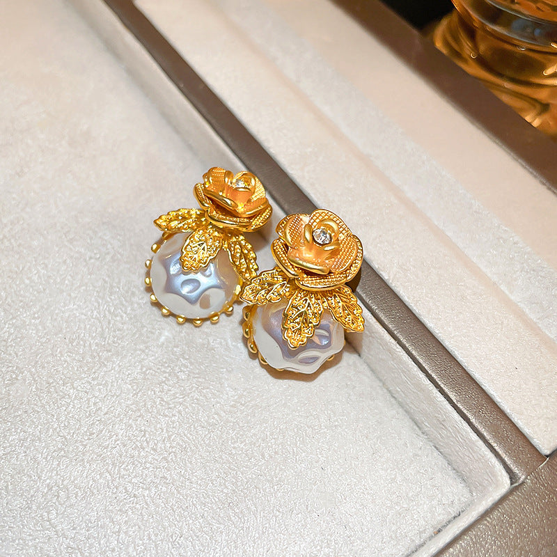 Vintage Gold Rose & Pearl Drop Earrings